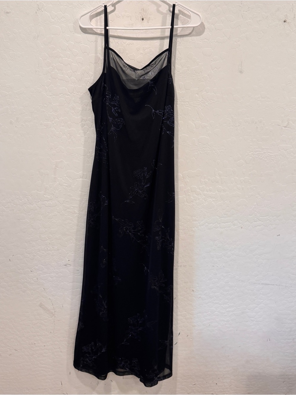 connected apparel Black Maxi Slip Dress Sheer Neckline Womens 14 Sparkle Floral